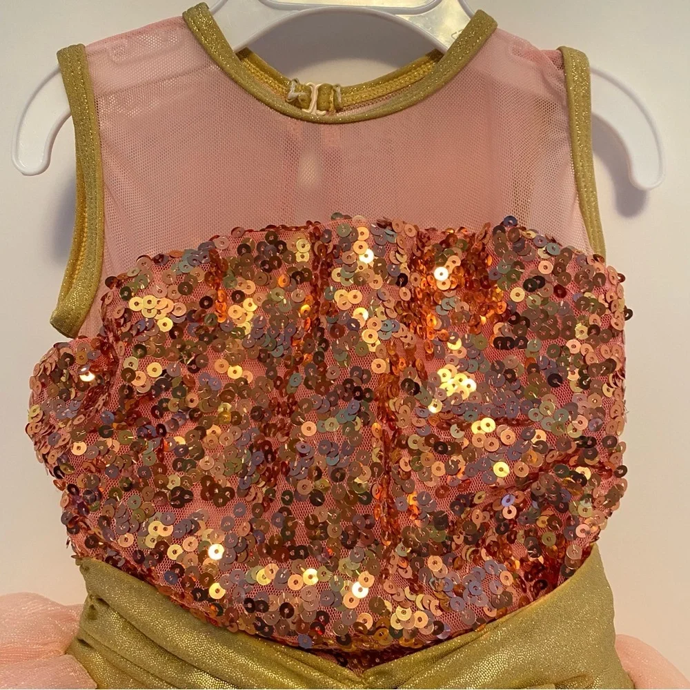 Revolution This Magic Moment Sequin Tulle Coral Gold Dance Costume Size SC